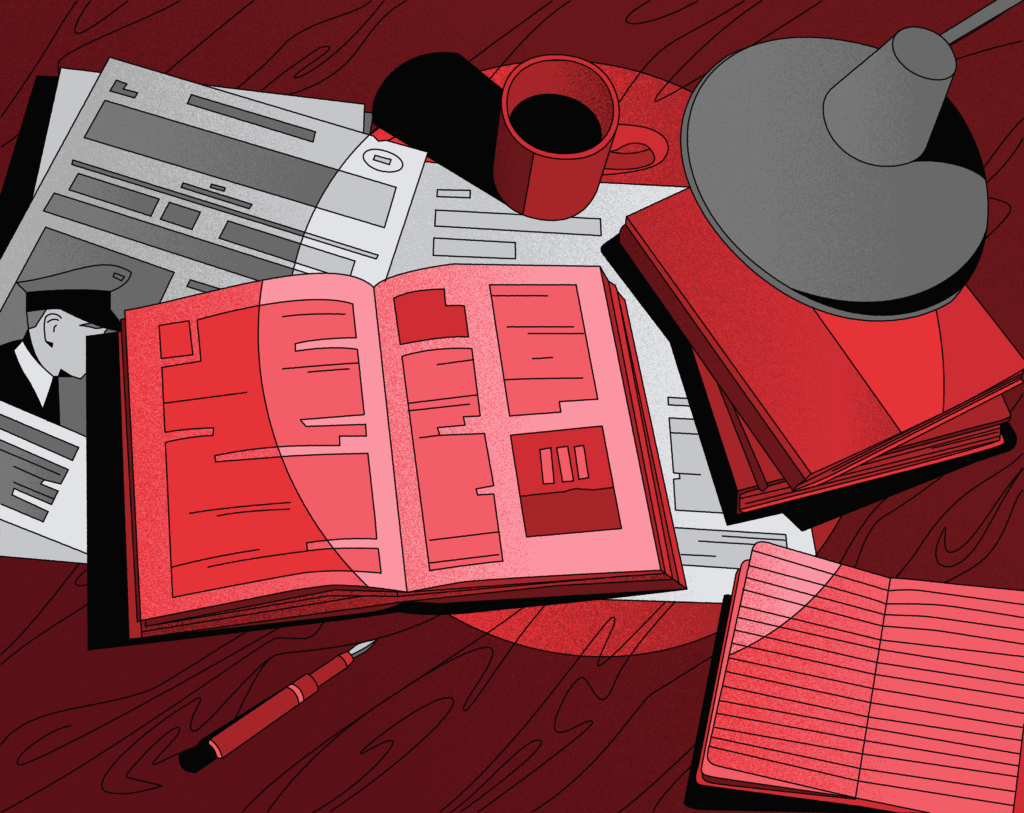 Illustration of a table where research is being conducted.