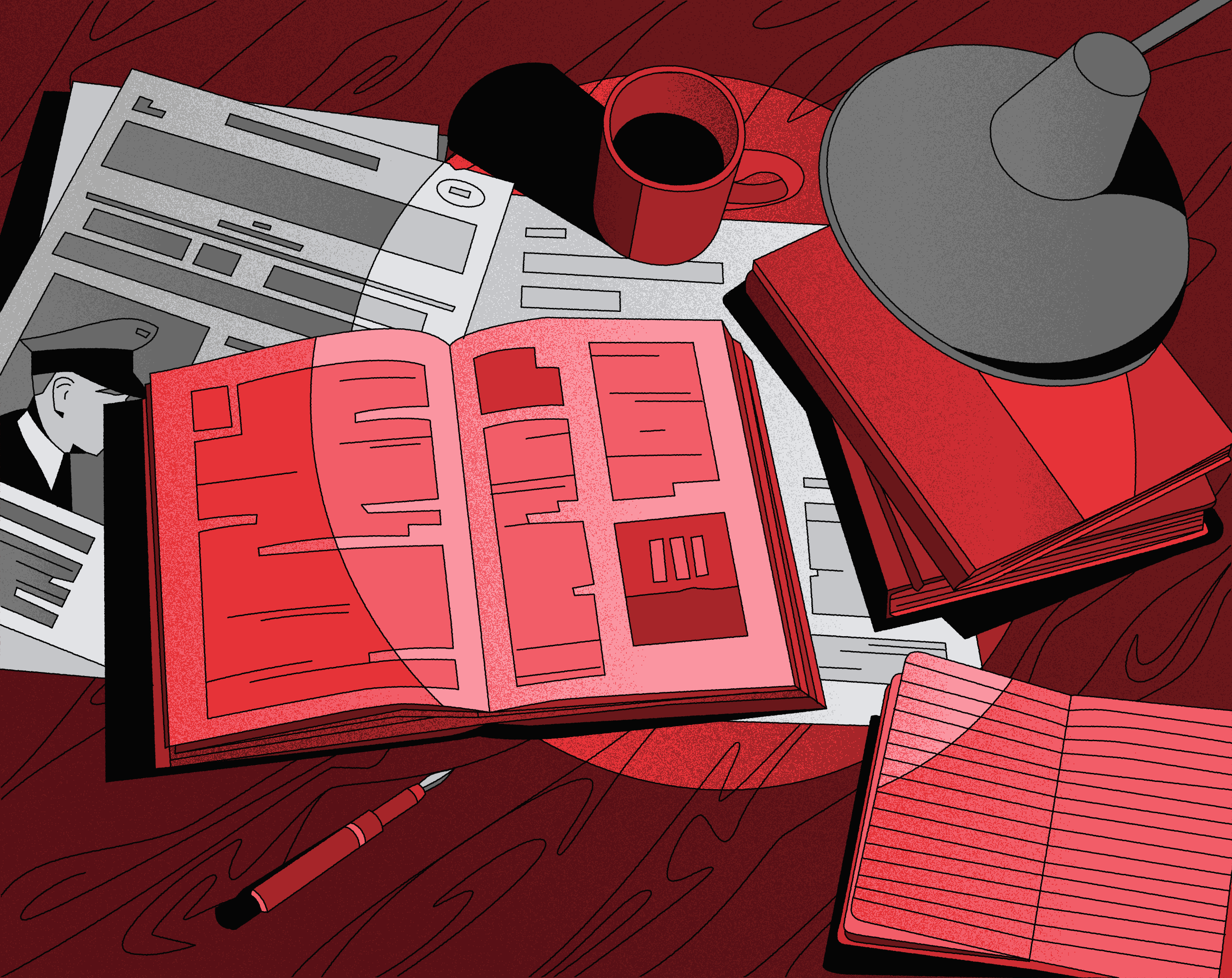 Illustration of a table where research is being conducted.