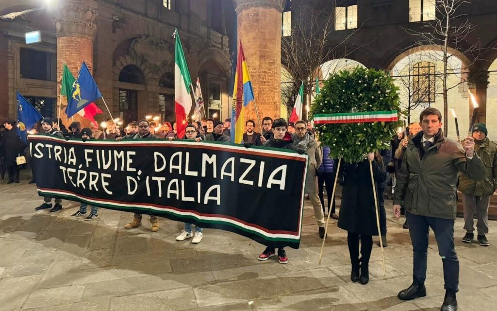 Pictured above is Stefano Cavedagna, the spokesperson for the National Youth. He became a Member of the European Parliament (MEP) for the Brothers of Italy. He has organized marches in Bologna for years, each with an identical banner at the head of the procession: "Istria, Rijeka, Dalmatia—Terre D’Italia." Photo: Facebook/Galeazzo Bignami